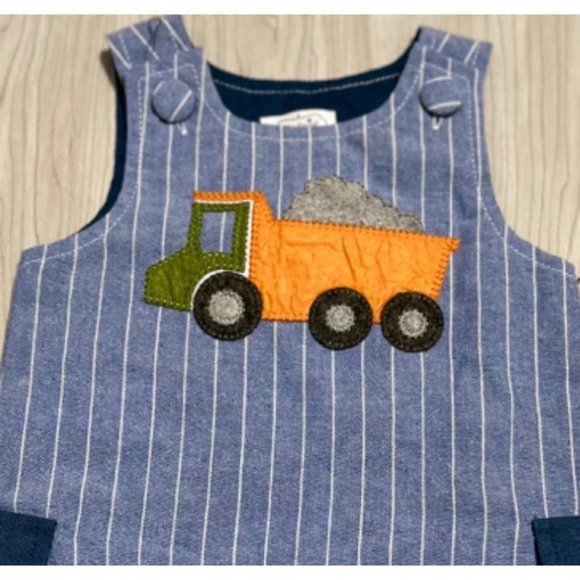 Mud Pie chambray 3-6m NWOT romper Jon Jon Dump truck applique construction - Picture 3 of 4